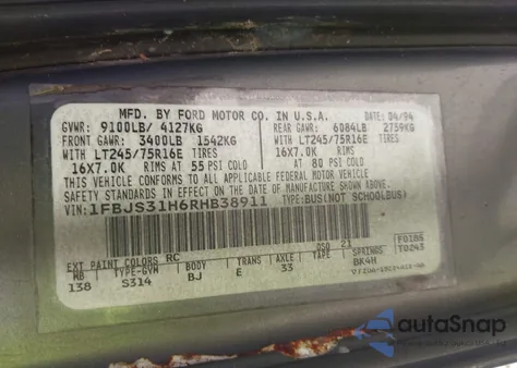 1994 Ford Econoline E350 Super Duty from USA, damaged, VIN 1FBJS31H6RHB38911